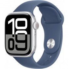 Apple Watch Series 10 42 мм (алюминиевый корпус, серебристый/синий, спортивный силиконовый ремешок)